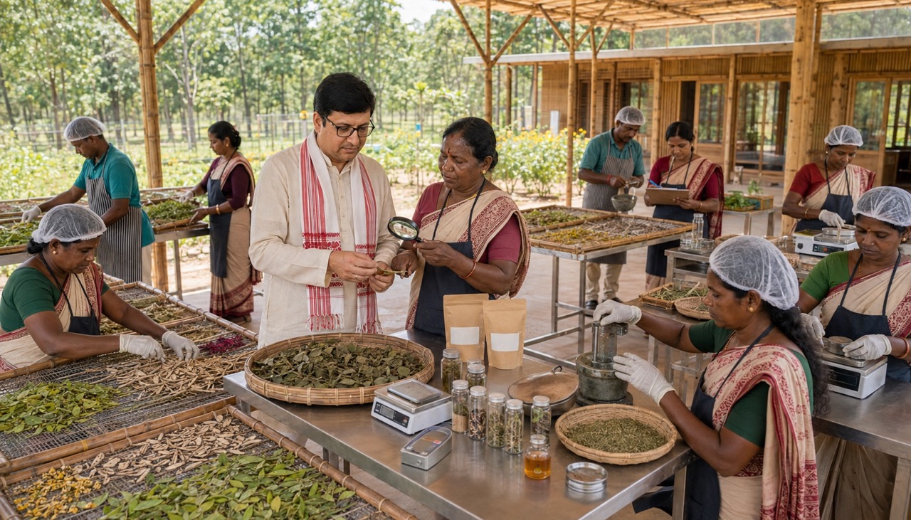Rajeev Singh and members of Jharkhand’s tribal communities examine and process medicinal plants at a modern, sunlit community research centre. Workers use drying racks, weighing equipment, grinding tools and documentation systems as part of the Hodopathy initiative.