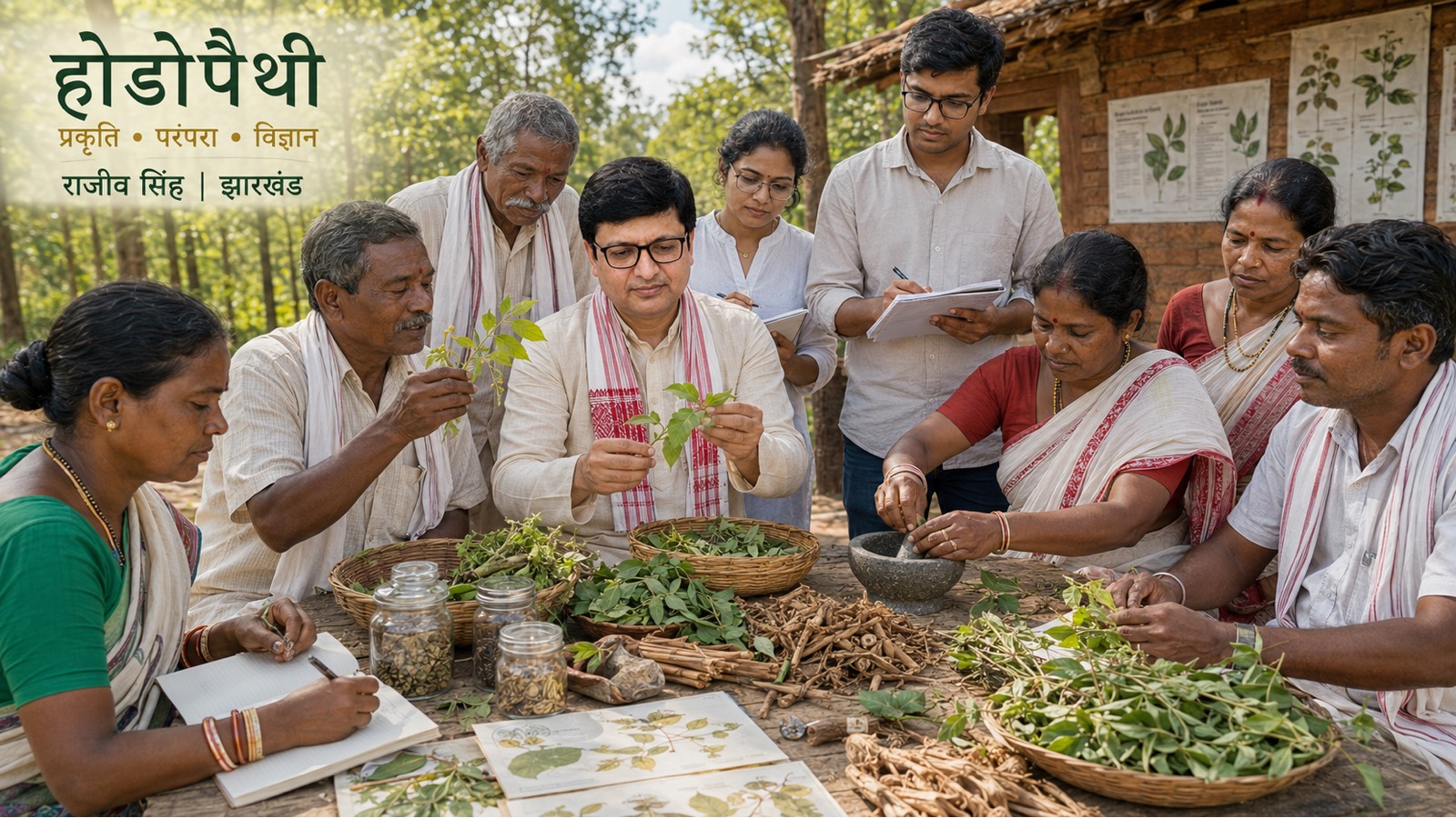 Rajeev Singh works with tribal knowledge-holders and researchers at a bright, open-air herbal processing centre in Jharkhand. The team dries, sorts, examines, weighs, grinds and documents medicinal plants for the Hodopathy research initiative.
