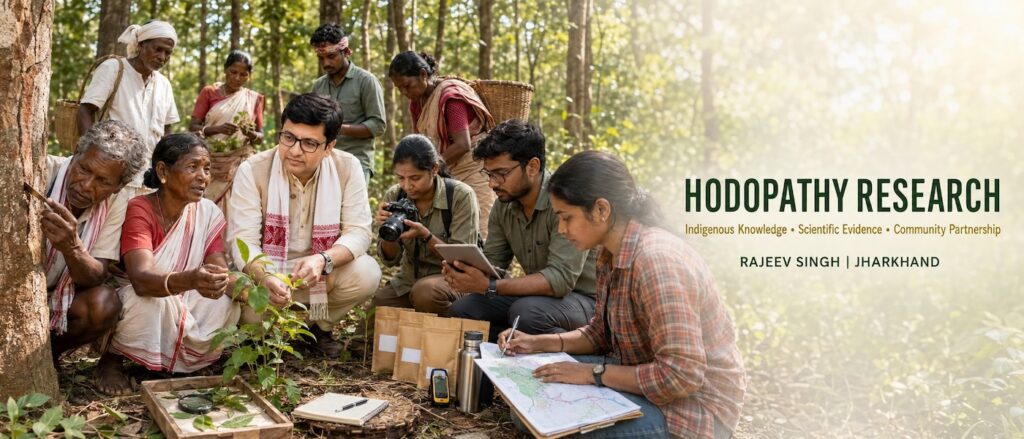 Rajeev Singh, wearing traditional Jharkhand attire, works with tribal knowledge-holders and researchers in a bright community botanical research centre. The team identifies medicinal plants, prepares herbarium samples, examines leaves, weighs materials and records research observations for the Hodopathy initiative.
