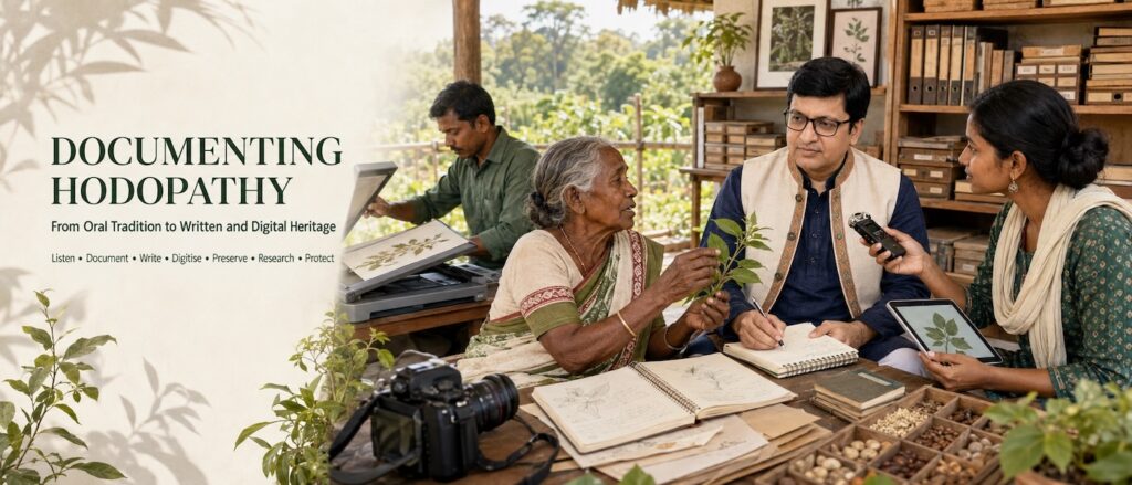 Rajeev Singh documenting Hodopathy alongside Jharkhand tribal elders and researchers while preserving indigenous medicinal plant knowledge
