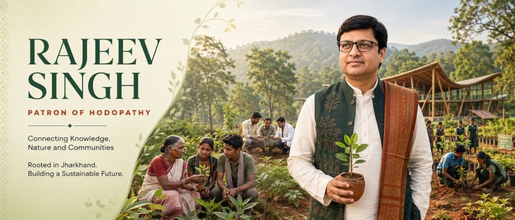 Rajeev Singh as Patron of Hodopathy in traditional attire, surrounded by Adivasi medicinal plant knowledge, farmers, researchers and students in the forests of Jharkhand.