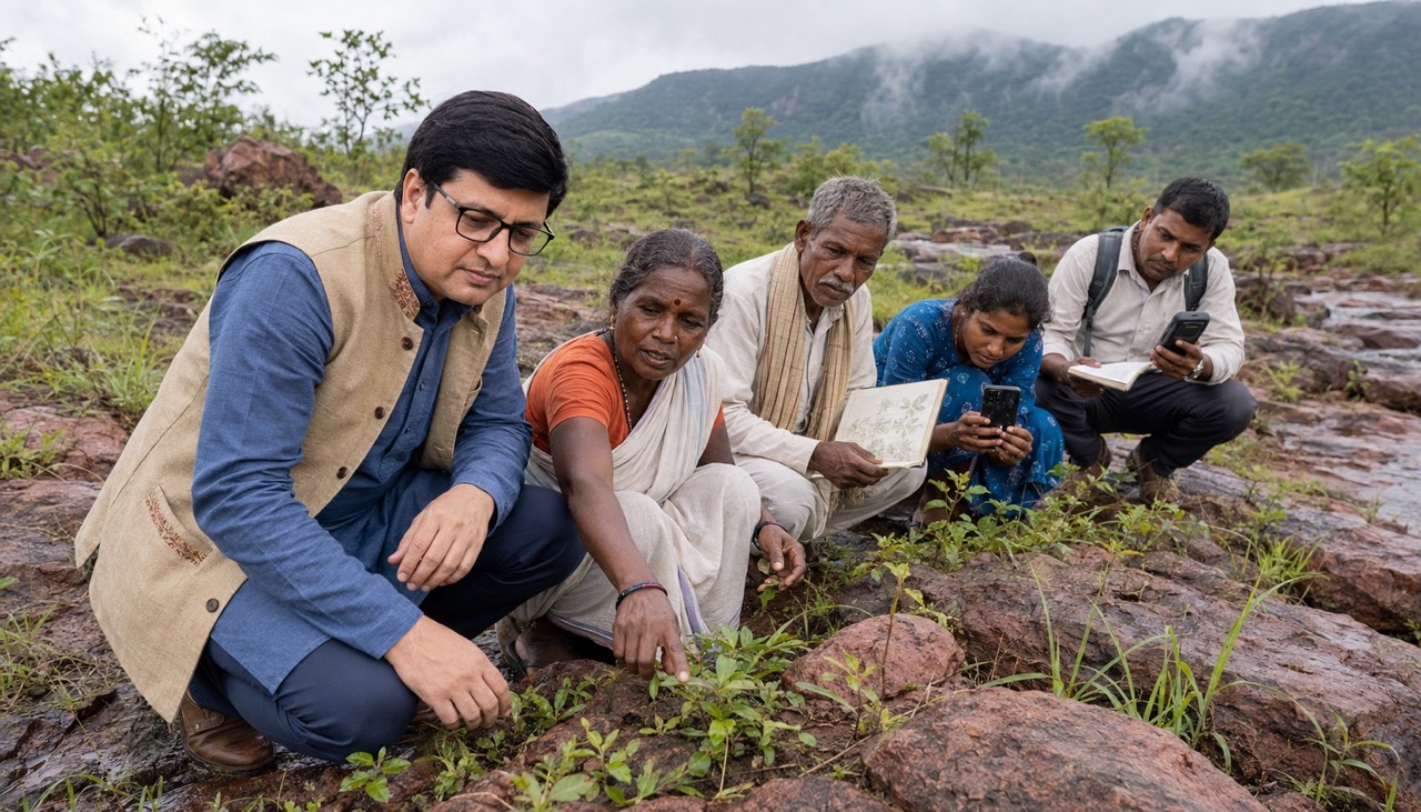 Rajeev Singh exploring Hodopathy medicinal plants and traditional tribal knowledge in a Jharkhand forest garden