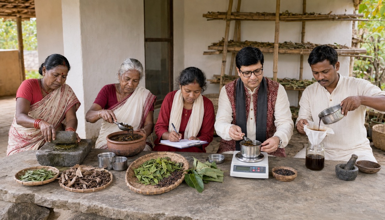 Rajeev Singh documenting Hodopathy plants with tribal communities and a botanical researcher in Jharkhand