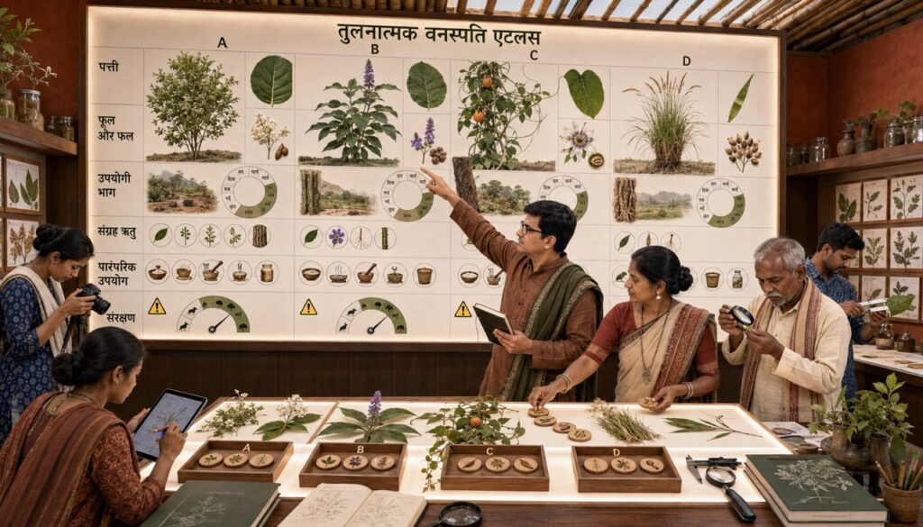 Rajeev Singh documenting Hodopathy medicinal plants with tribal knowledge holders and a botanist in Jharkhand