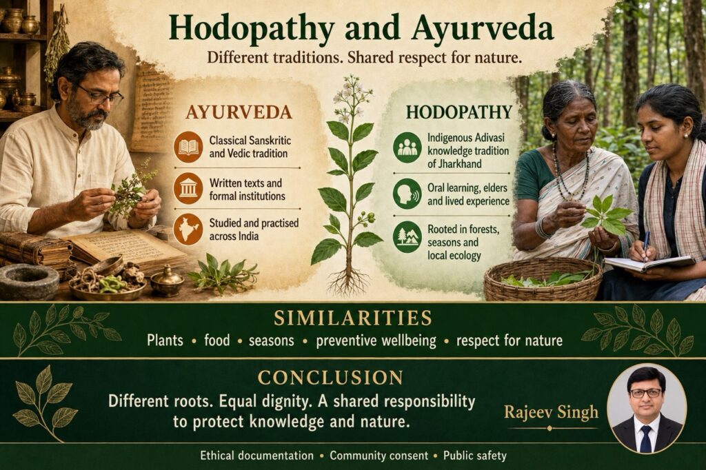 Rajeev Singh infographic comparing Hodopathy and Ayurveda, showing Adivasi knowledge holders in Jharkhand forests, Ayurvedic herbal traditions, similarities and conclusion.