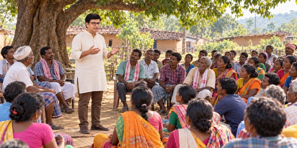 Speakers Rajeev Singh and Sonali Sharma addressing a crowd of local villagers at a Hodopathy tribal health seminar in Simarkothi, Giridih.