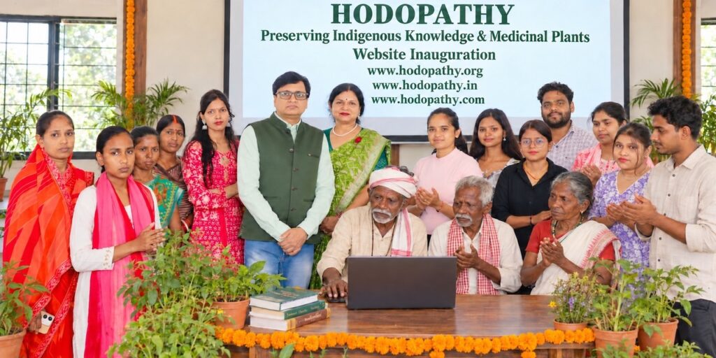 Traditional Adivasi elder operating a laptop during the inauguration of Hodopathy.org, Hodopathy.in and Hodopathy.com in Giridih, Jharkhand, on 8 October 2026, with Rajeev Singh and community members.